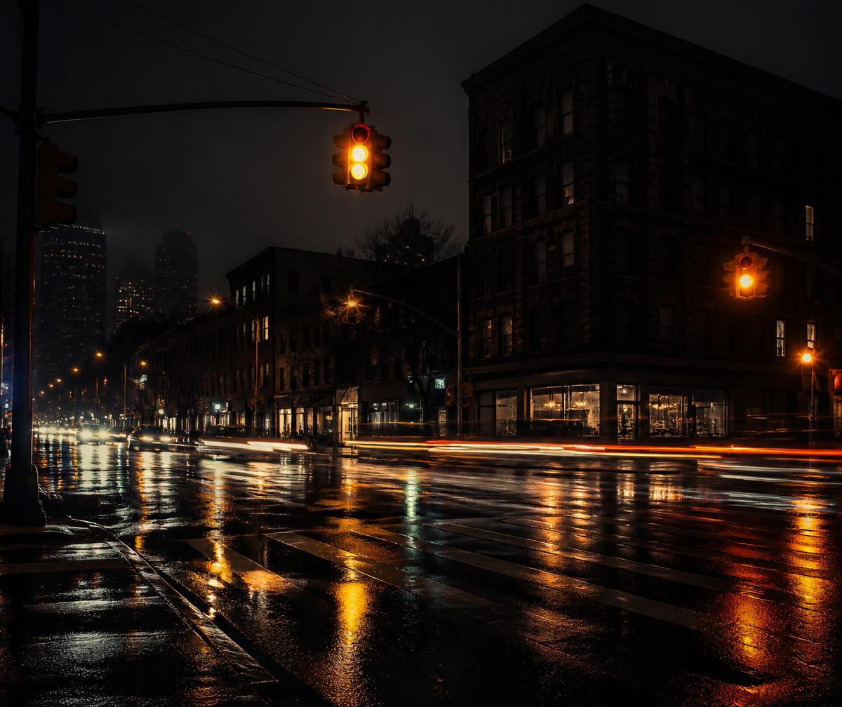 Night intersection with amber signals reflecting on wet asphalt