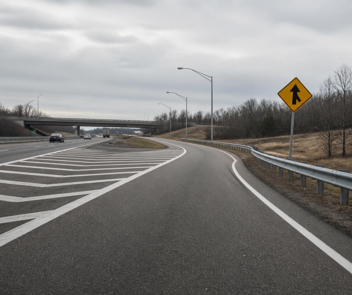 Highway on-ramp merging lane with clear painted lane markings