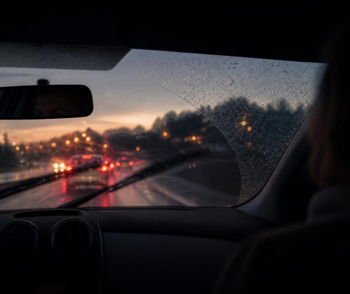 View through a rain covered windshield at dusk with tail lights ahead