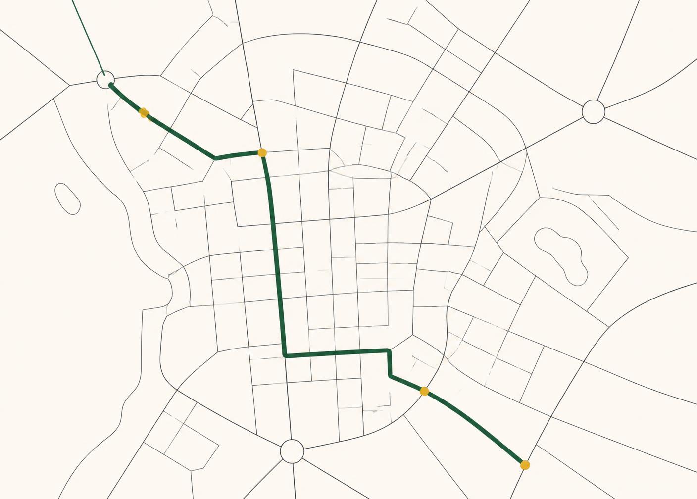 Simplified street map with a single highlighted route