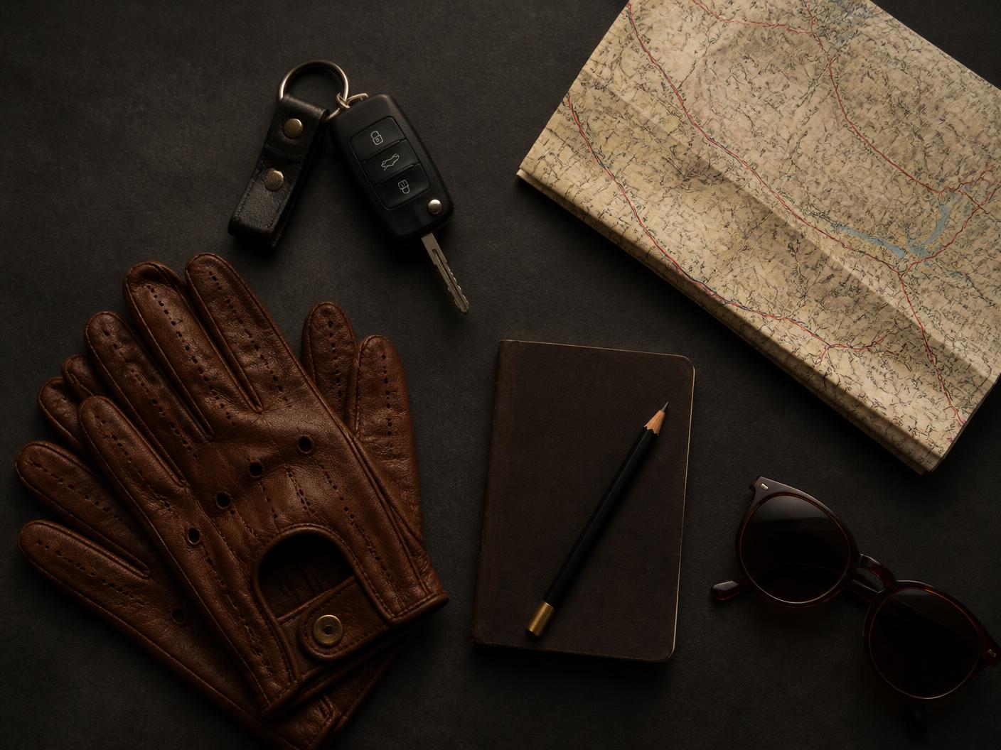 Car keys, driving gloves, a folded road map, and a notebook seen from above